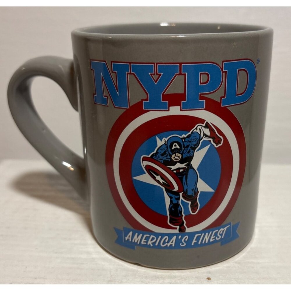 Captain America NYPD Mug Americas Finest Ceramic Cup 12 Oz Gray Red White Blue